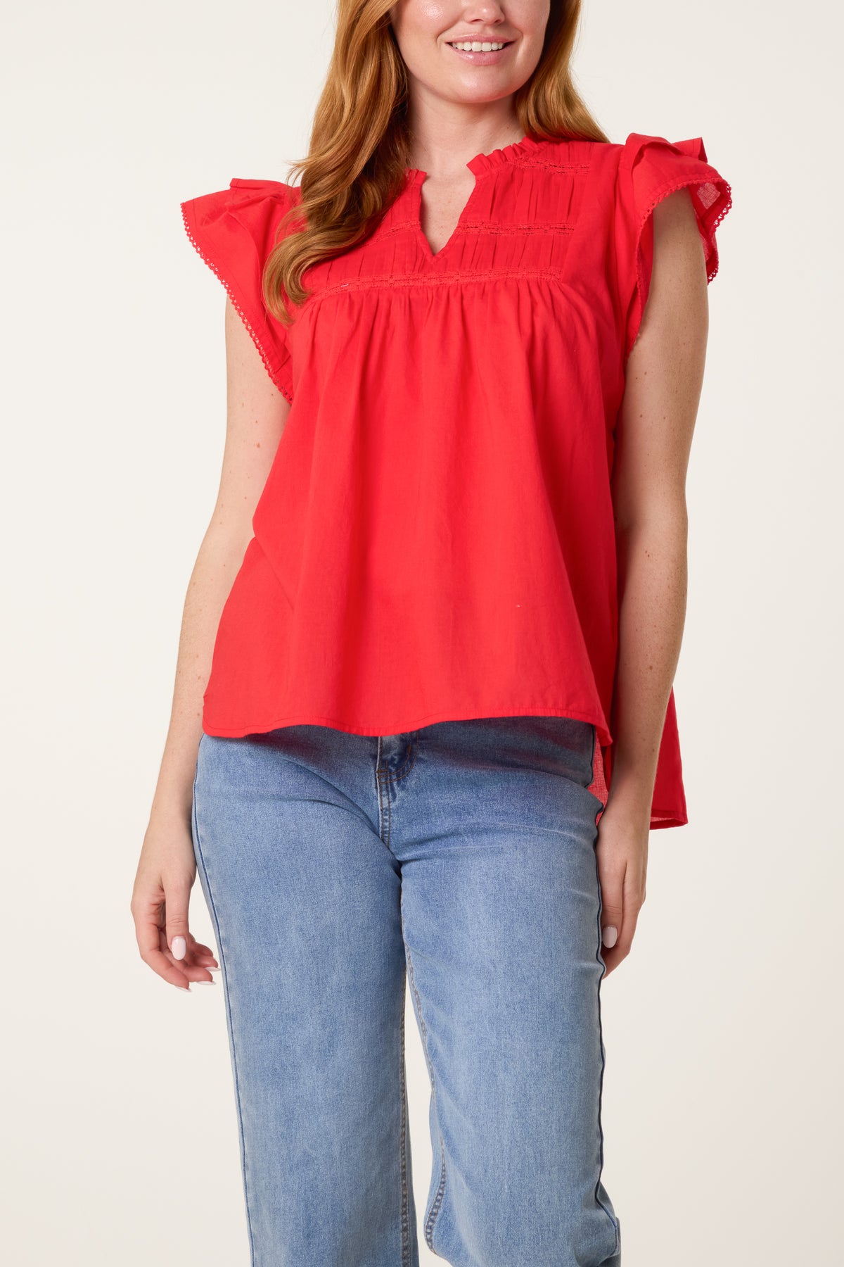 Boho Cotton Ruffle & Lace Sleeve Top