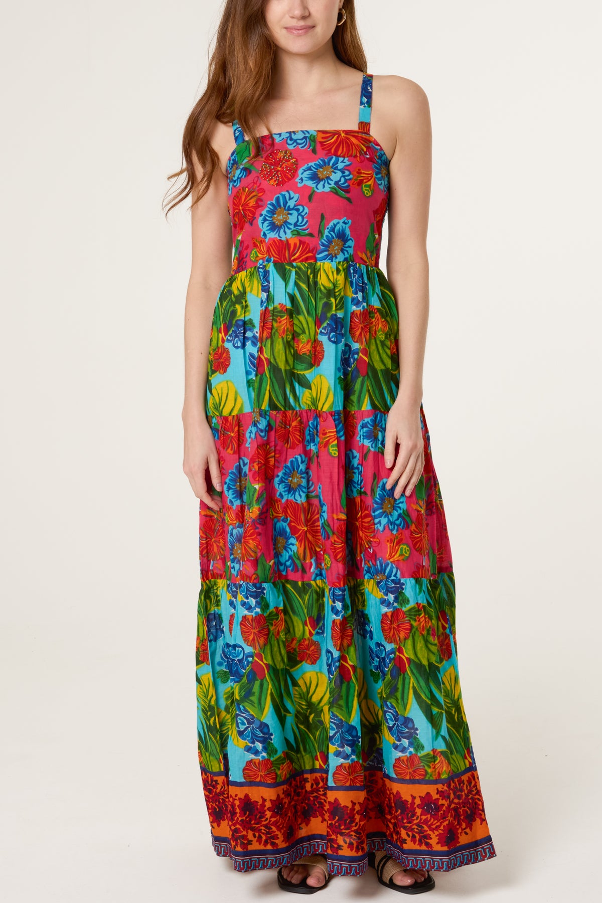 Floral Beaded Sleeveless Tiered Maxi Dress
