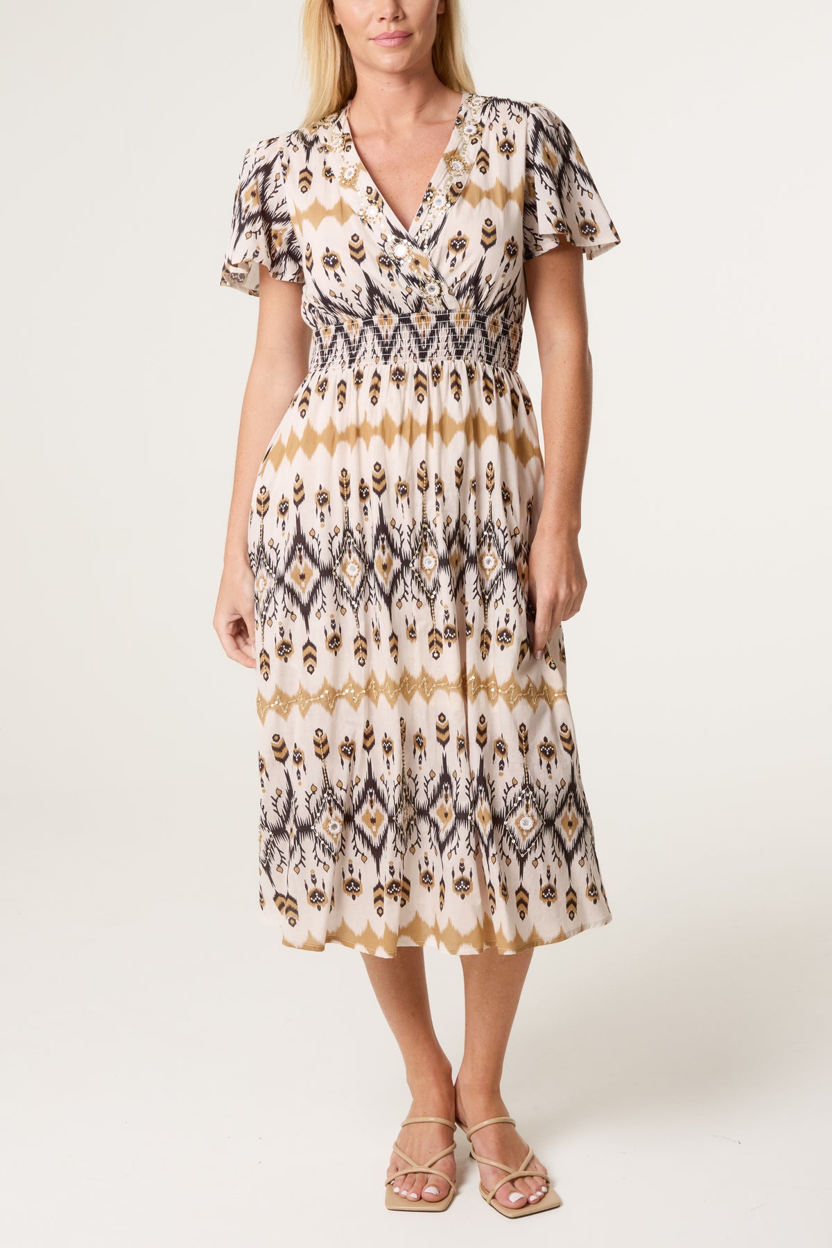 Aztec Embellished Wrap Midi Dress