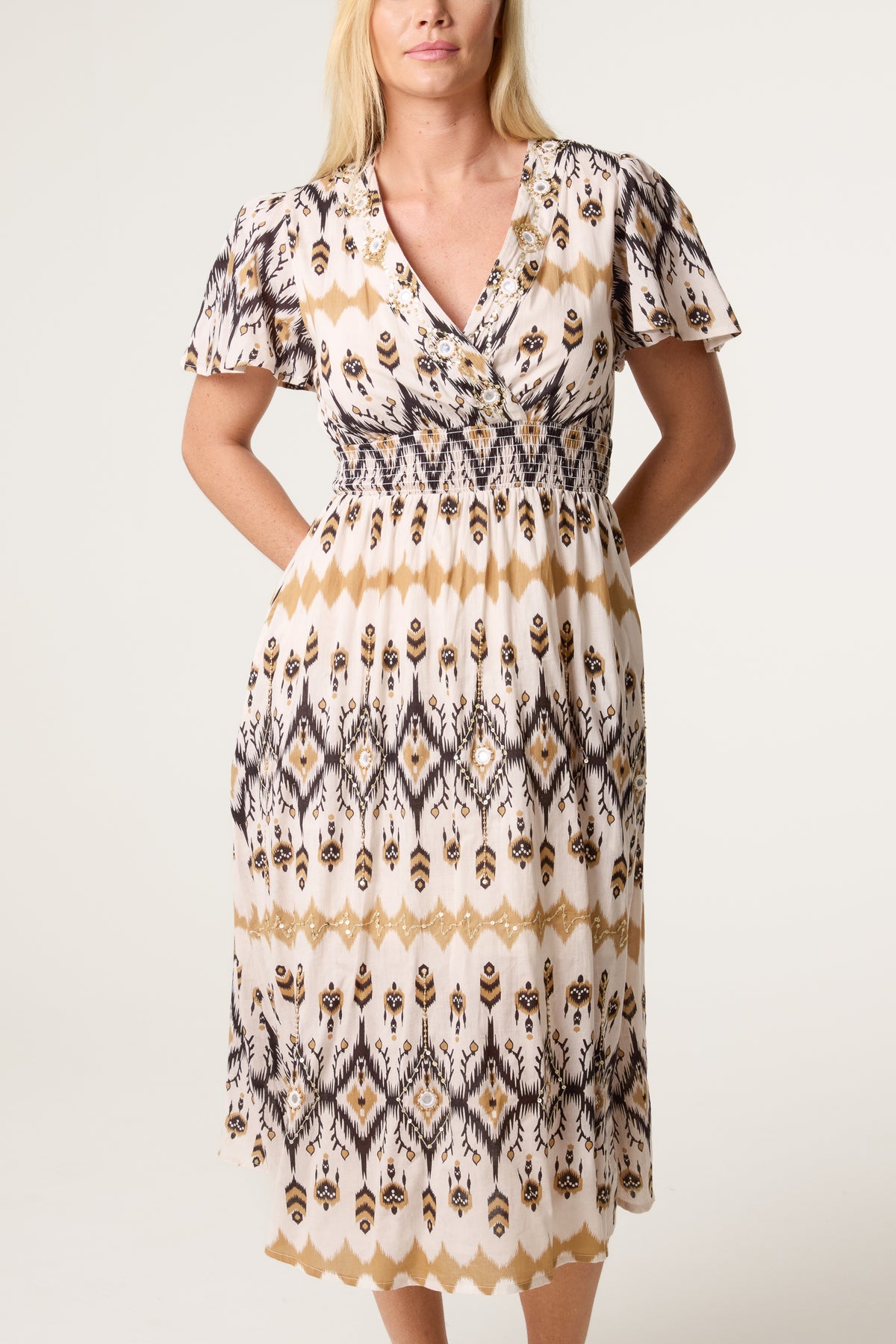 Aztec Embellished Wrap Midi Dress