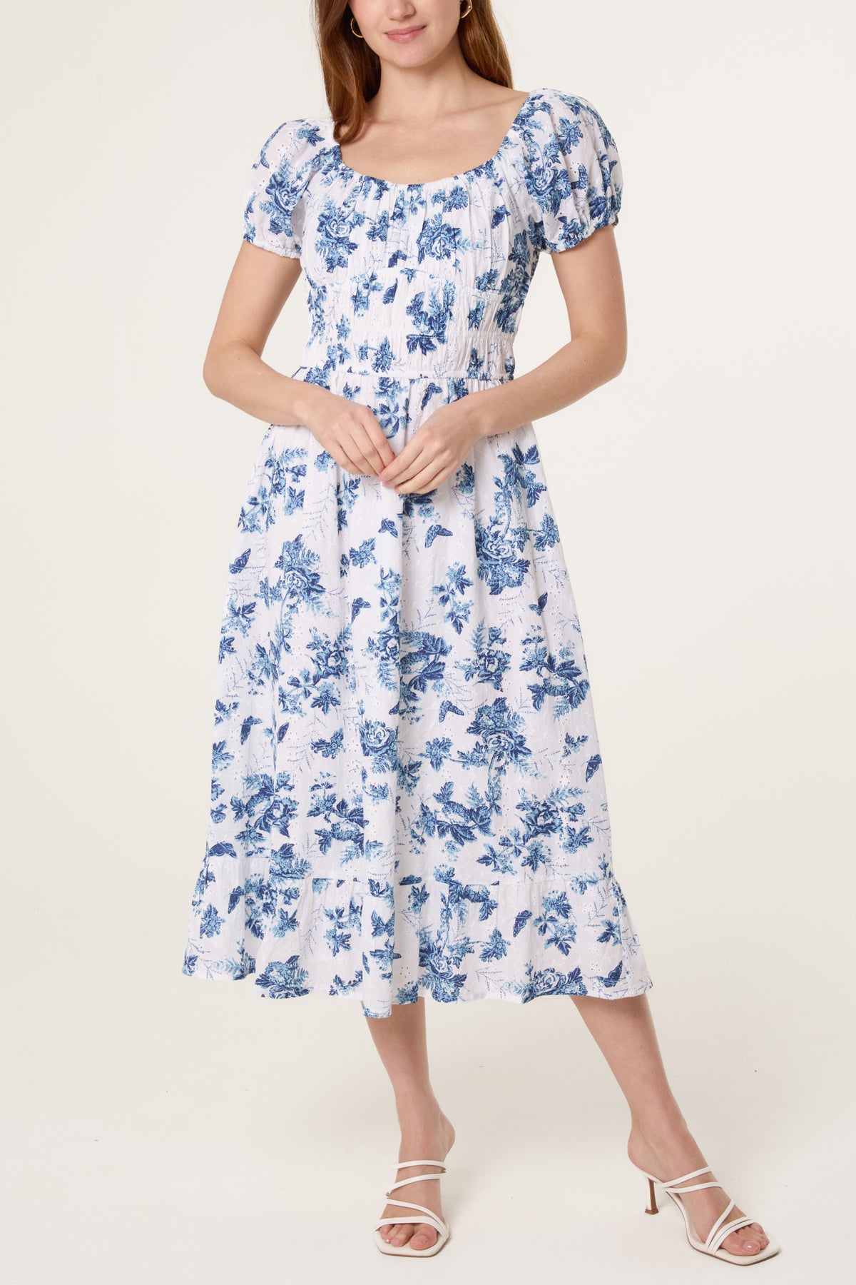 Puff Sleeve Shirred Embroidered Floral Dress