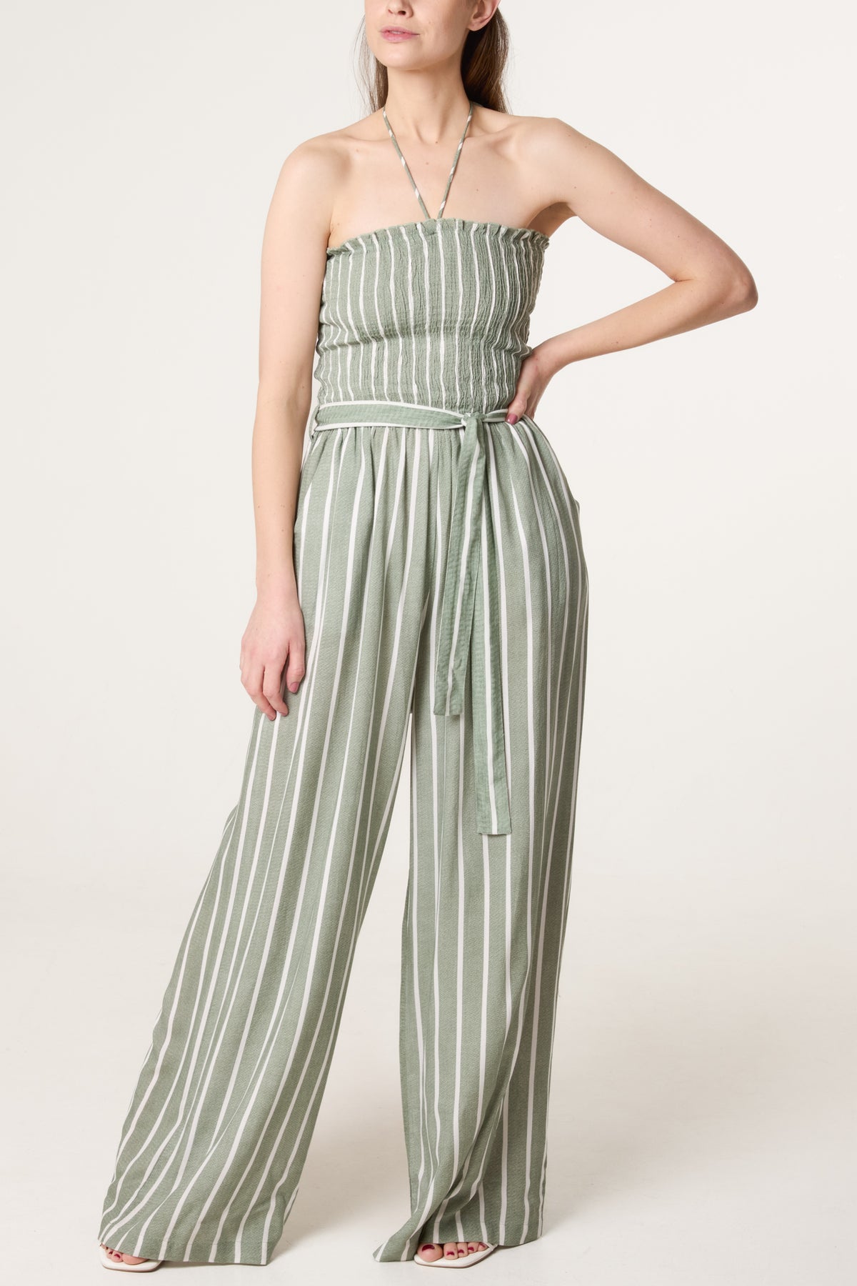 Shirred Tie Neck Striped Jumpsuit