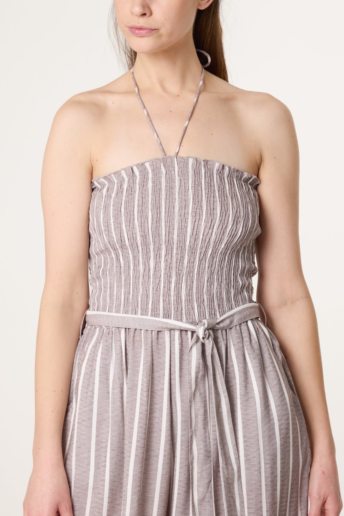 Shirred Tie Neck Striped Jumpsuit