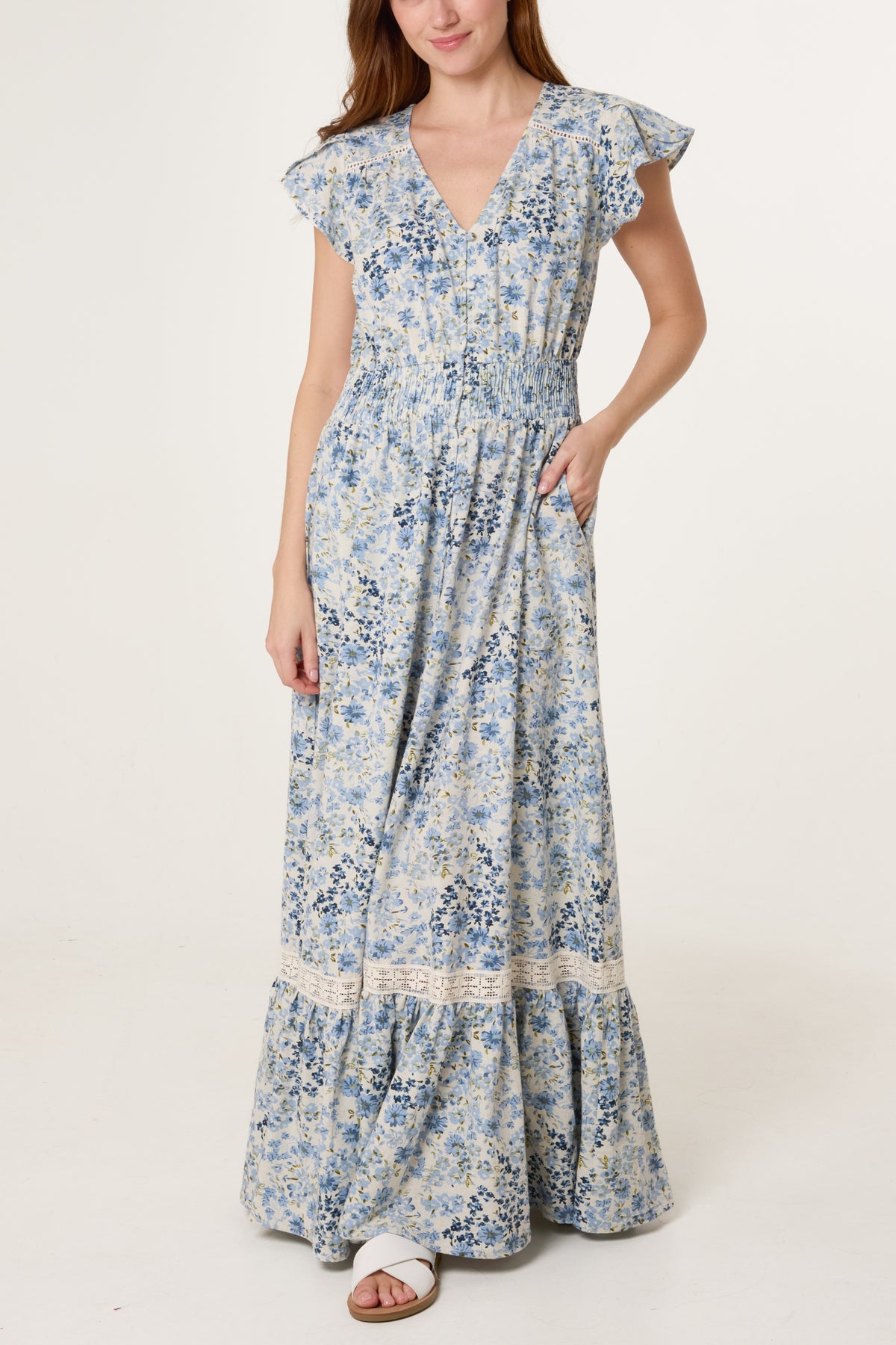 Floral Print Shirred Waist Maxi Dress