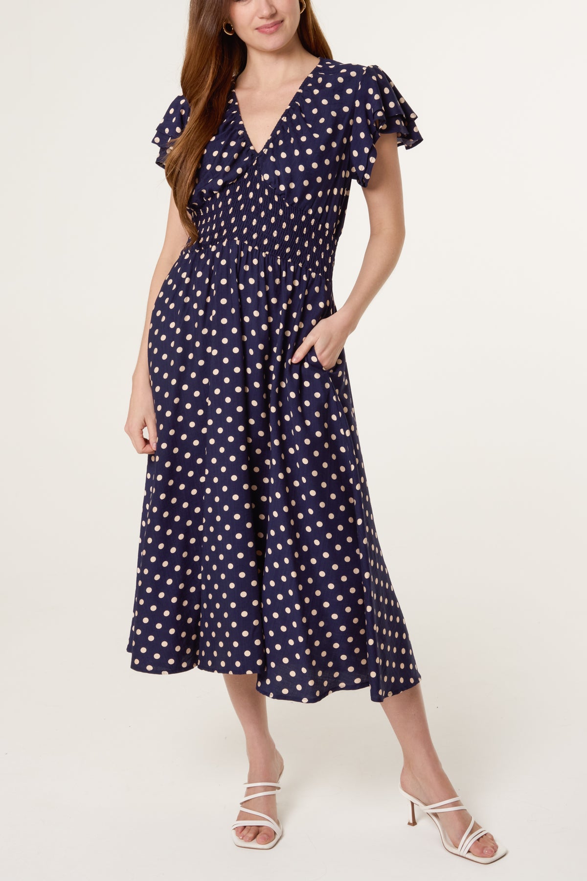 Polka Dot V-Neck Shirred Dress