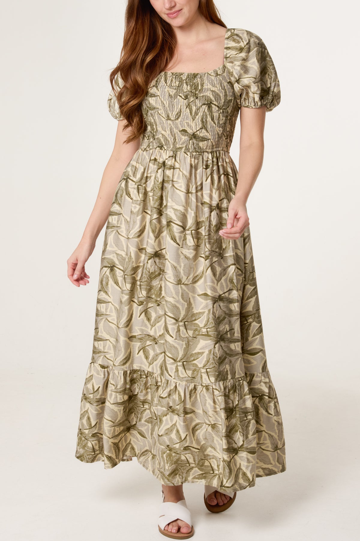 Leaf Print Square Neck Smock Dress