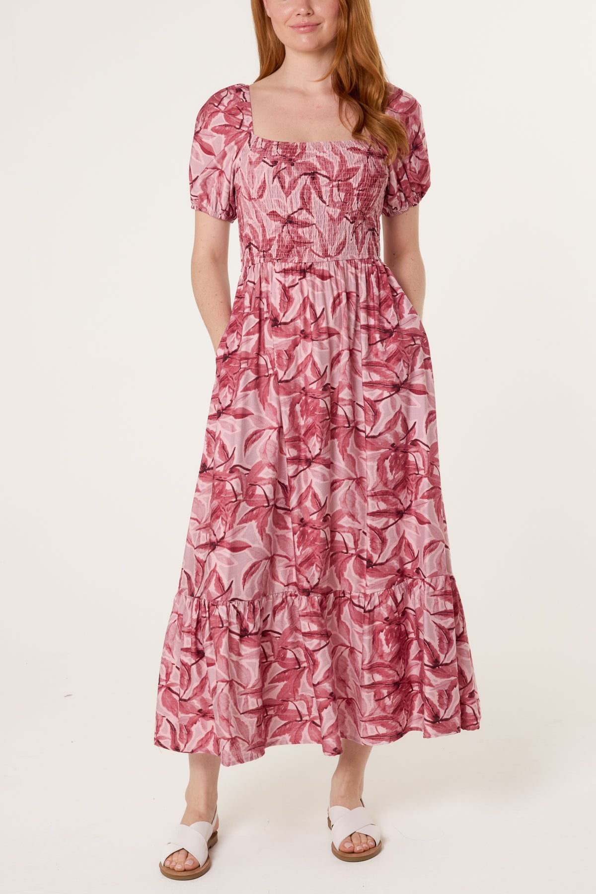 Leaf Print Square Neck Smock Dress