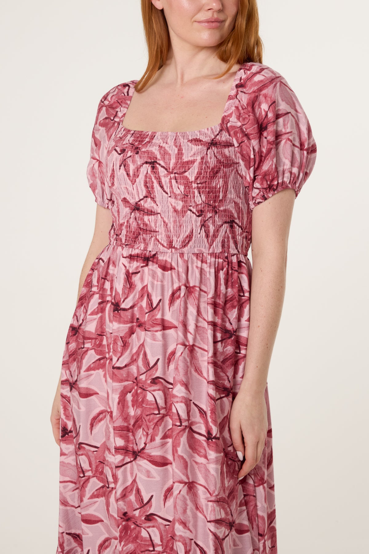 Leaf Print Square Neck Smock Dress