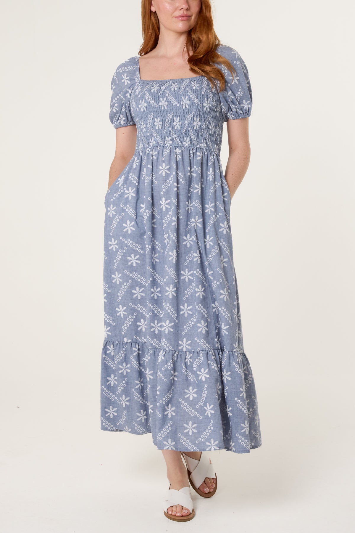 Embroidery Puff Sleeve Smock Dress