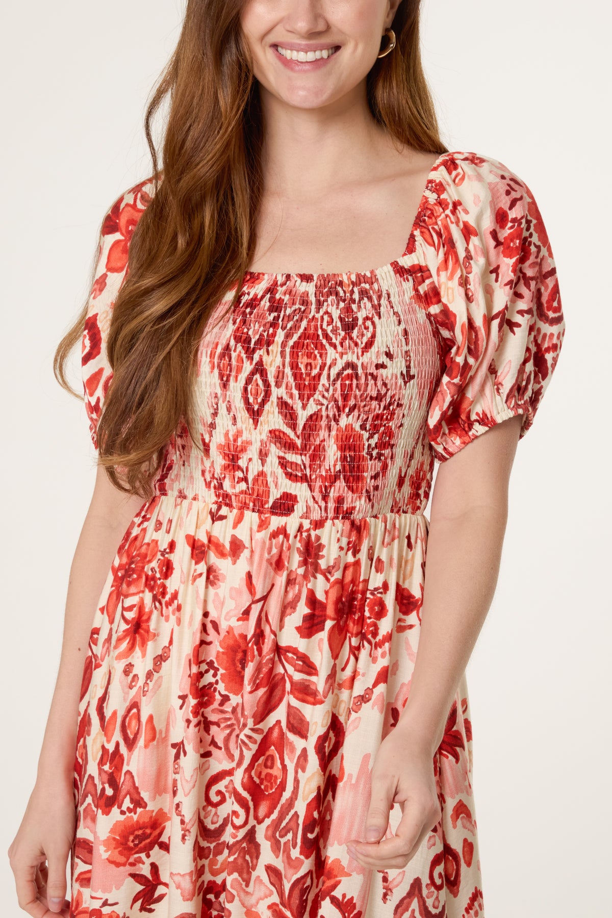 Abstract Floral Shirred Puff Sleeve Dress