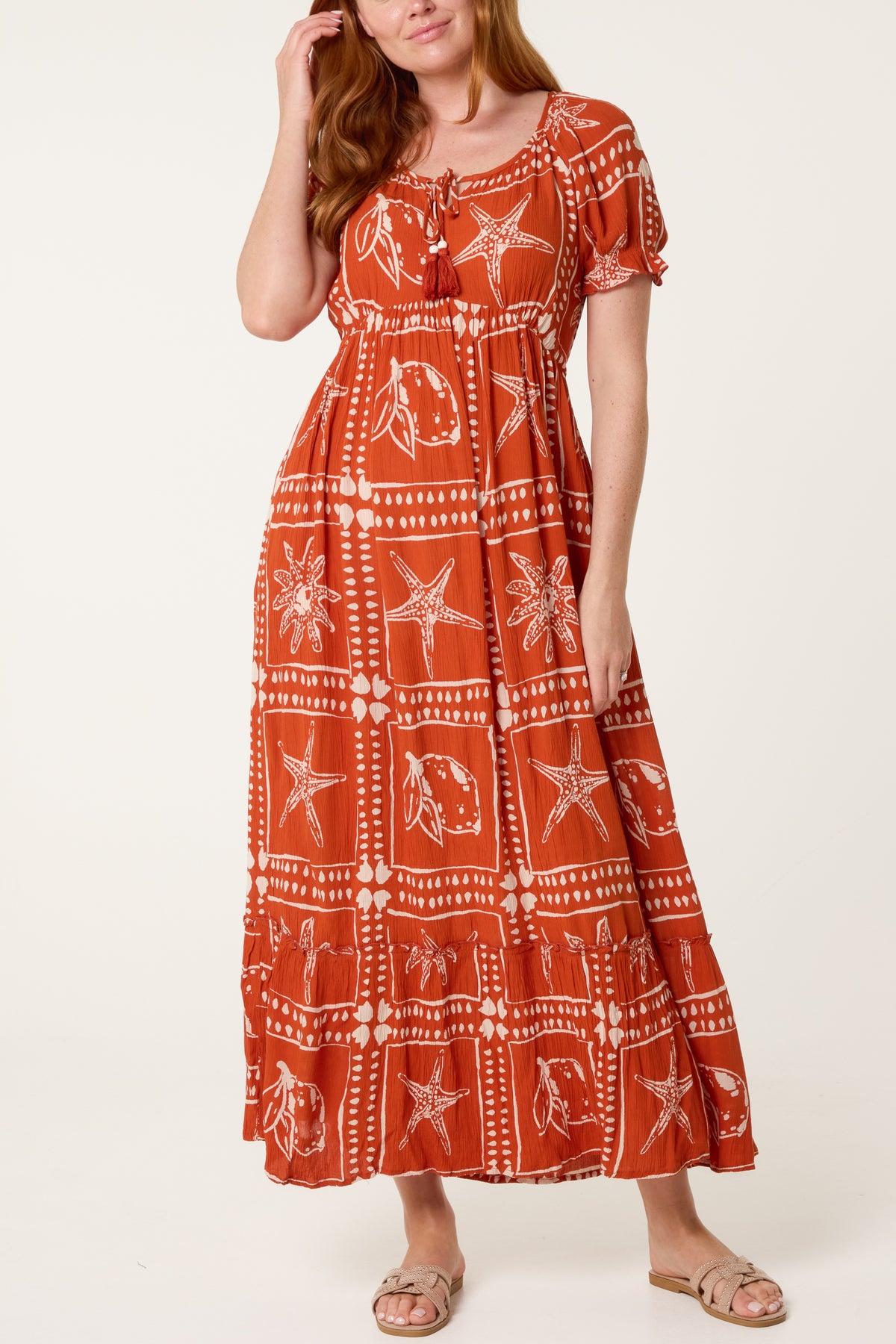 Starfish Print Tie Front Maxi Dress