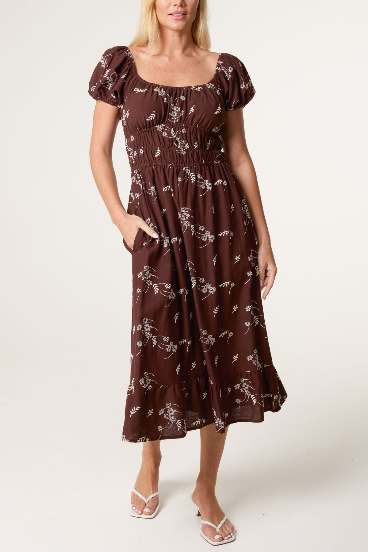 Leaf Embroidery Milkmaid Midi Dress