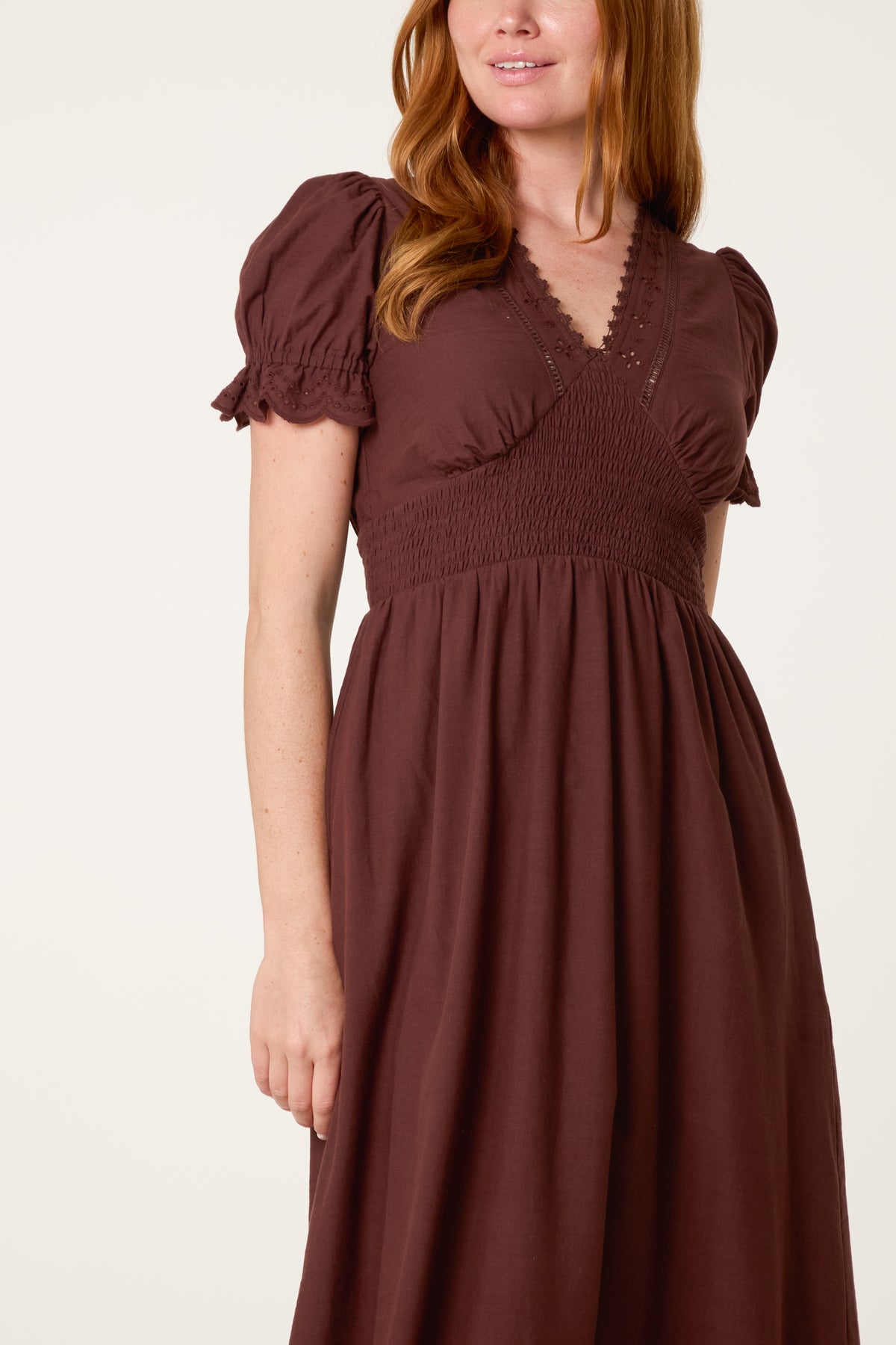 Broderie Anglaise Detail V-Neck Midi Dress
