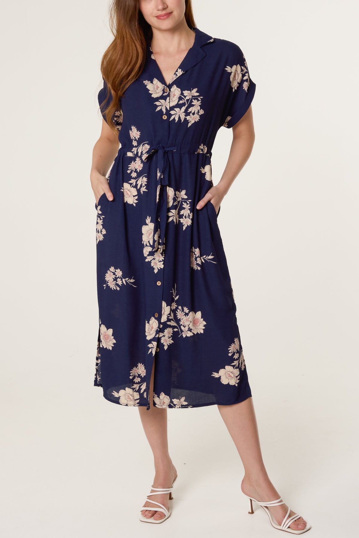 Floral Drawstring Waist Button Through Dress