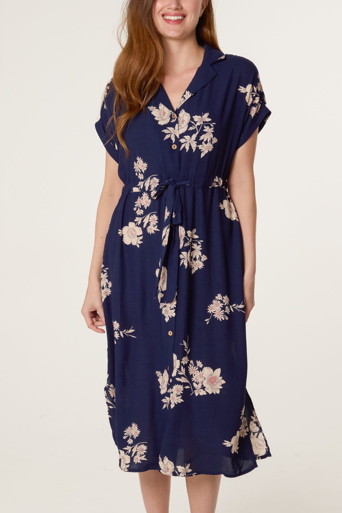 Floral Drawstring Waist Button Through Dress