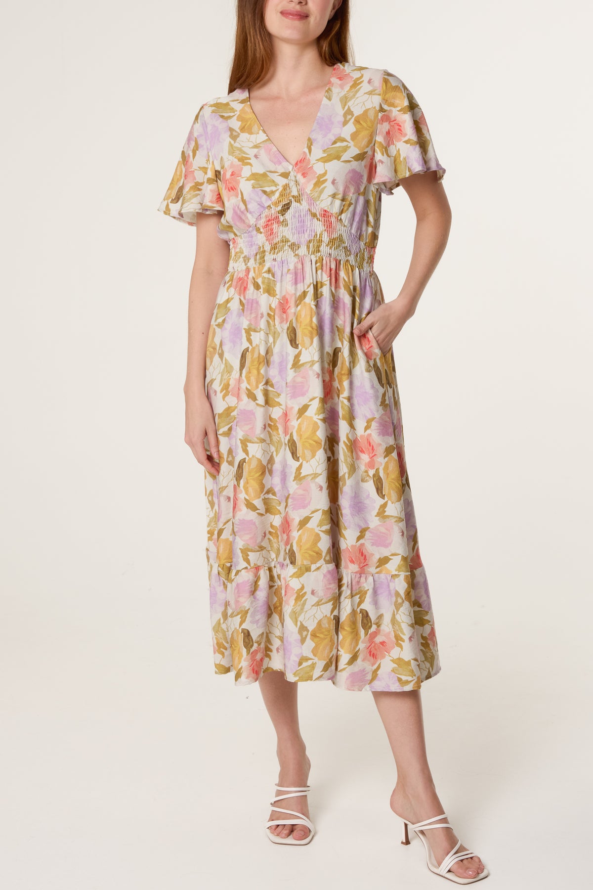 Floral Angel Sleeve Stretch Crepe Dress
