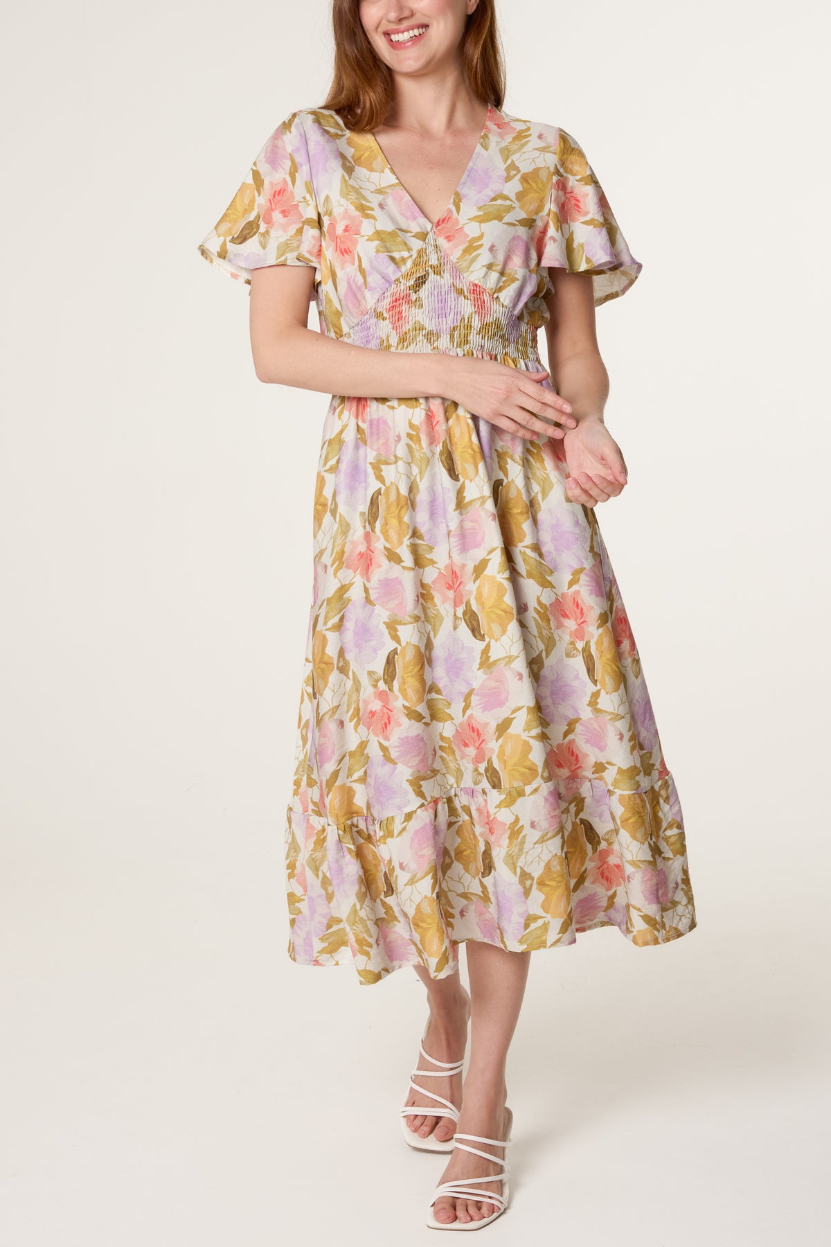 Floral Angel Sleeve Stretch Crepe Dress