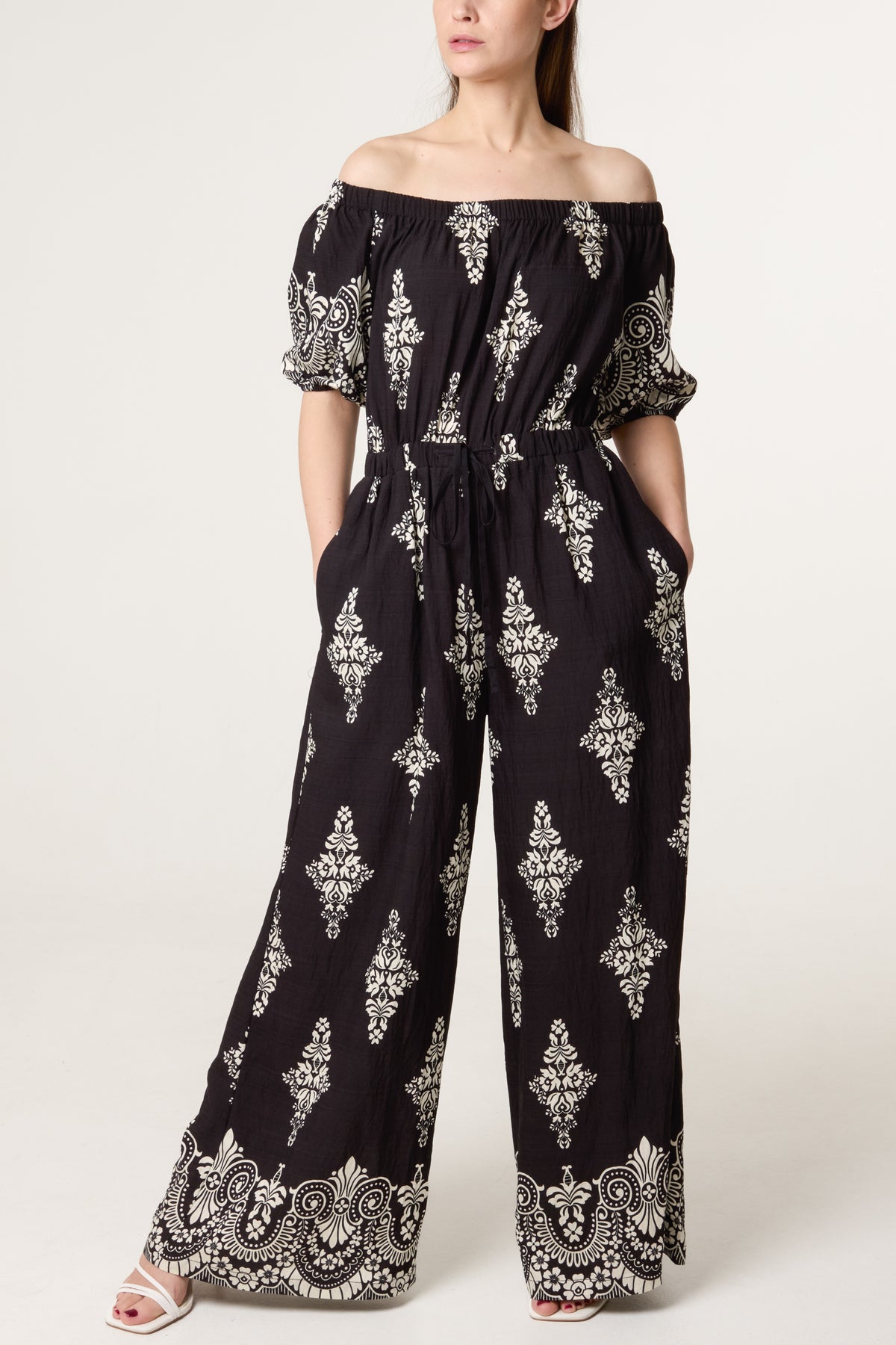Damask Print Bardot Wide Leg Jumpsuit