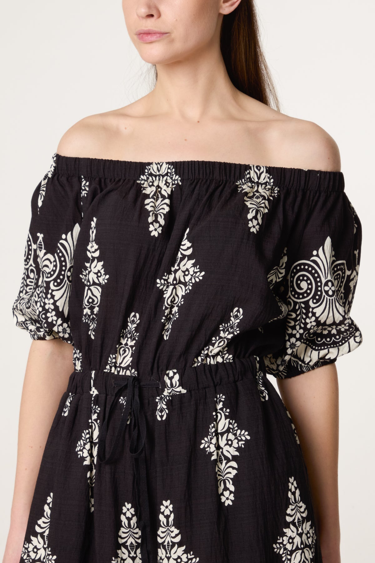 Damask Print Bardot Wide Leg Jumpsuit