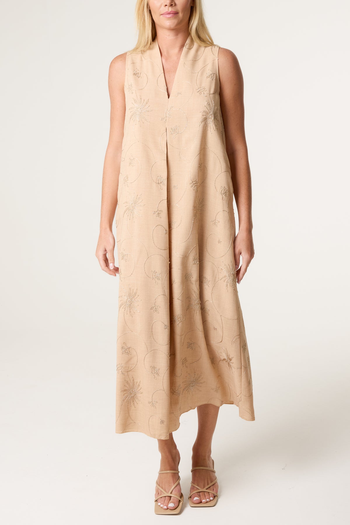 Pleat Sun Embroidered V Dress