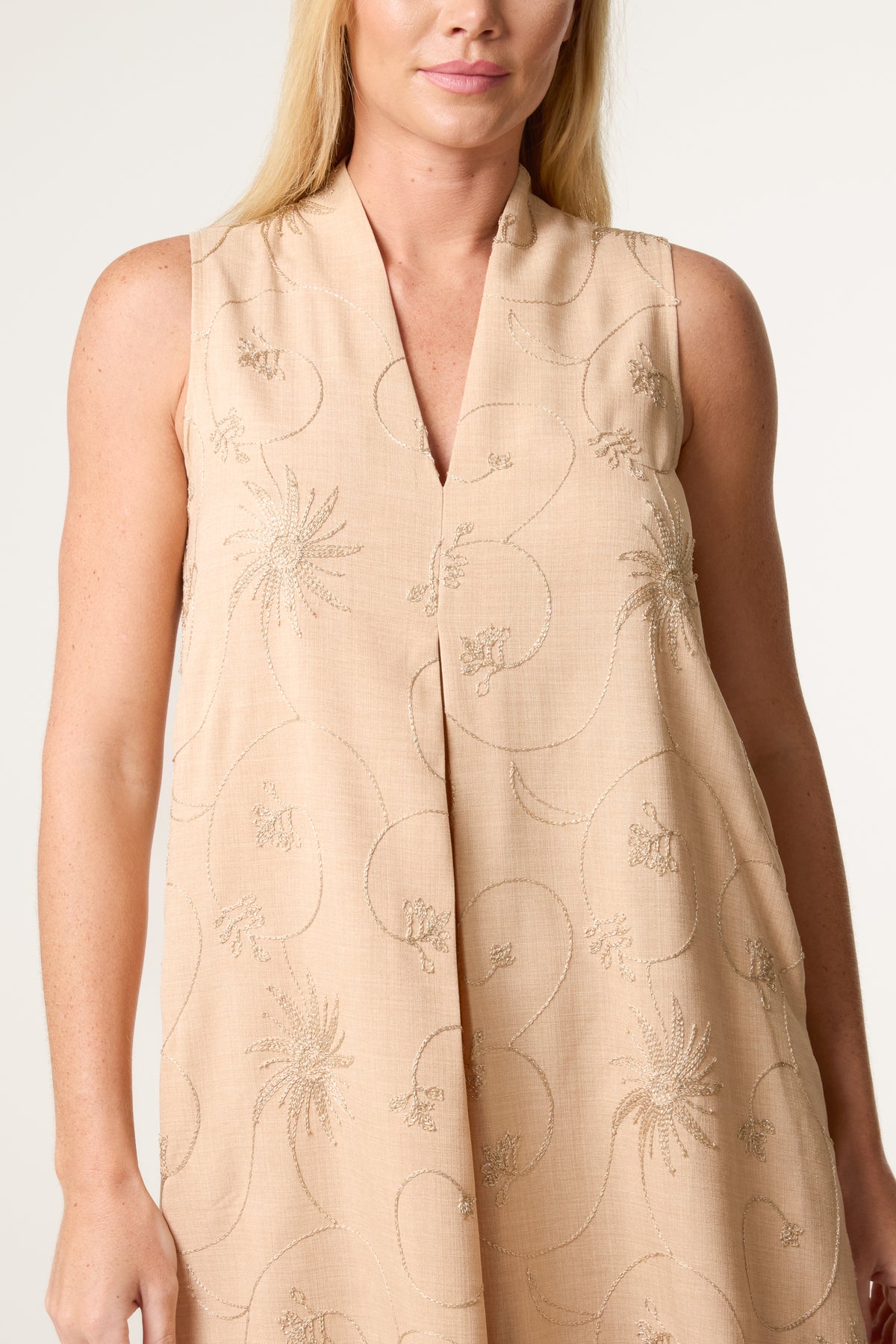 Pleat Sun Embroidered V Dress
