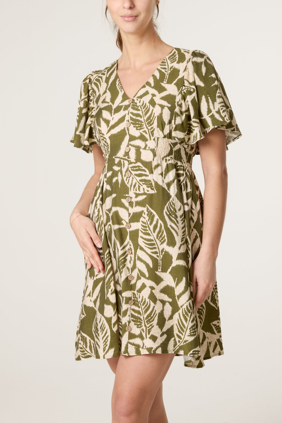 Abstract Leaf Coconut Button Mini Dress