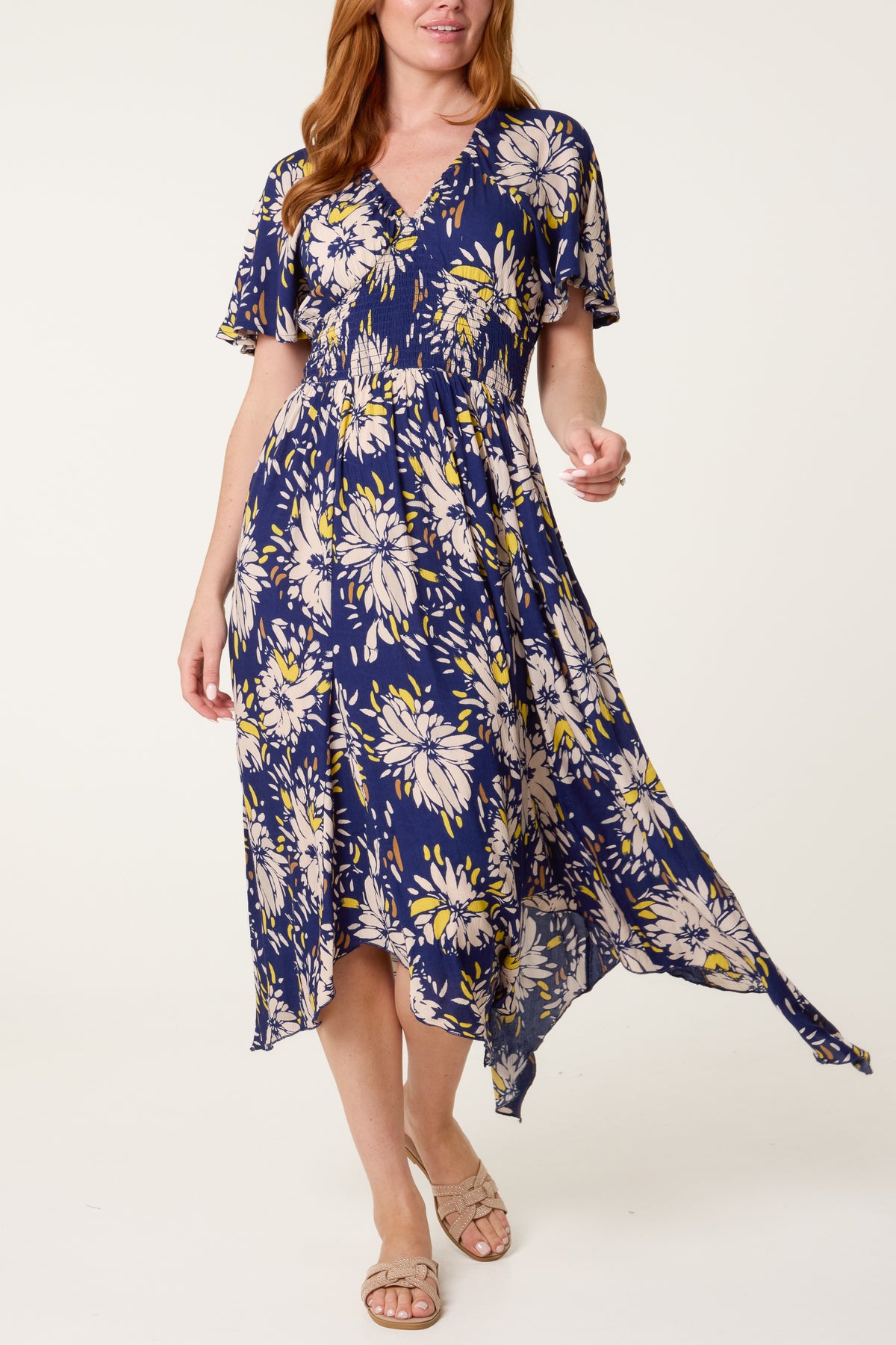 Hanky Hem Shirred Midi Dress