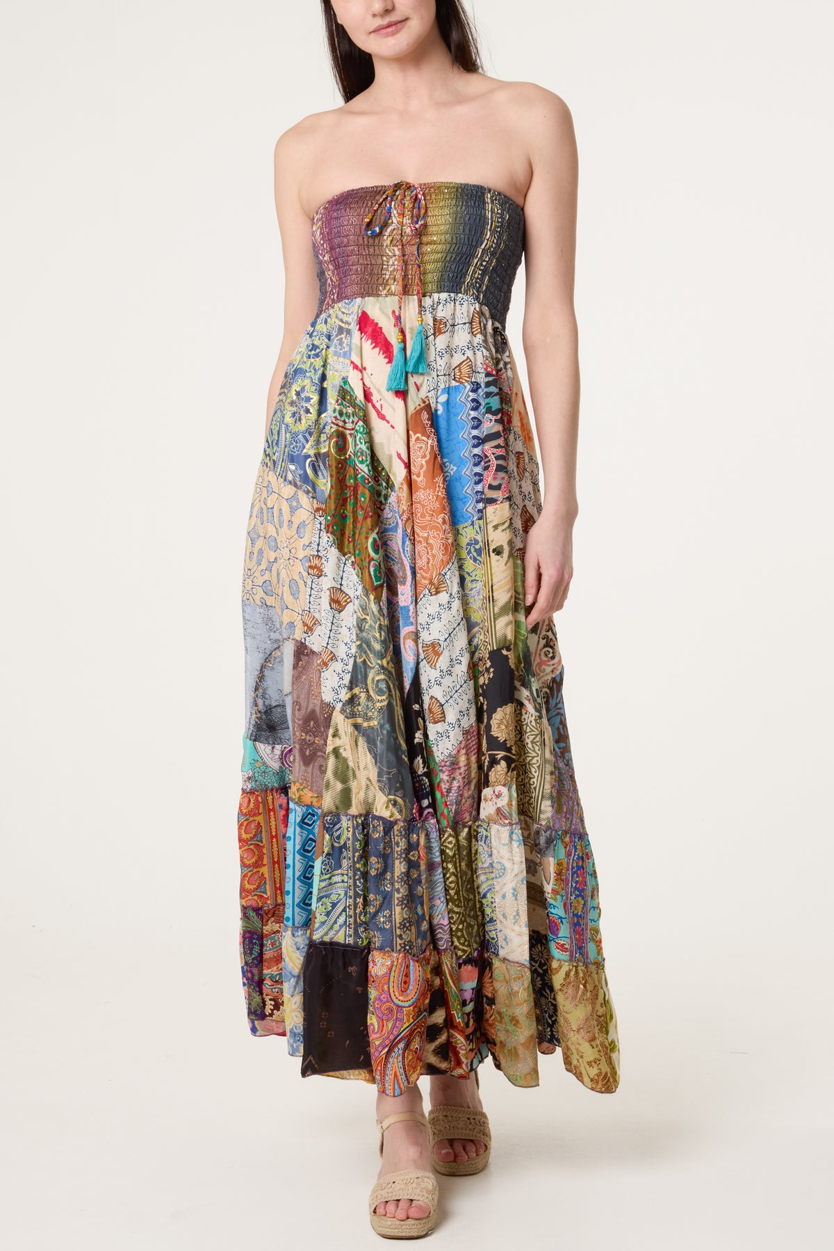 Shirred Bandeau Patchwork Art Silk Dress
