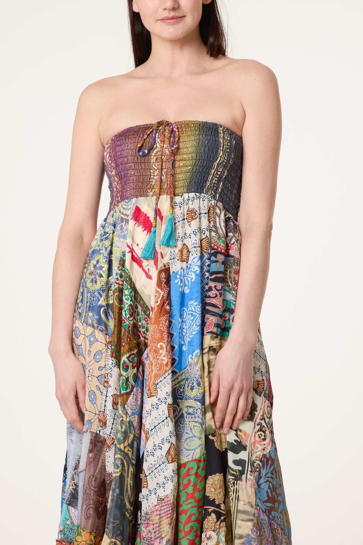 Shirred Bandeau Patchwork Art Silk Dress