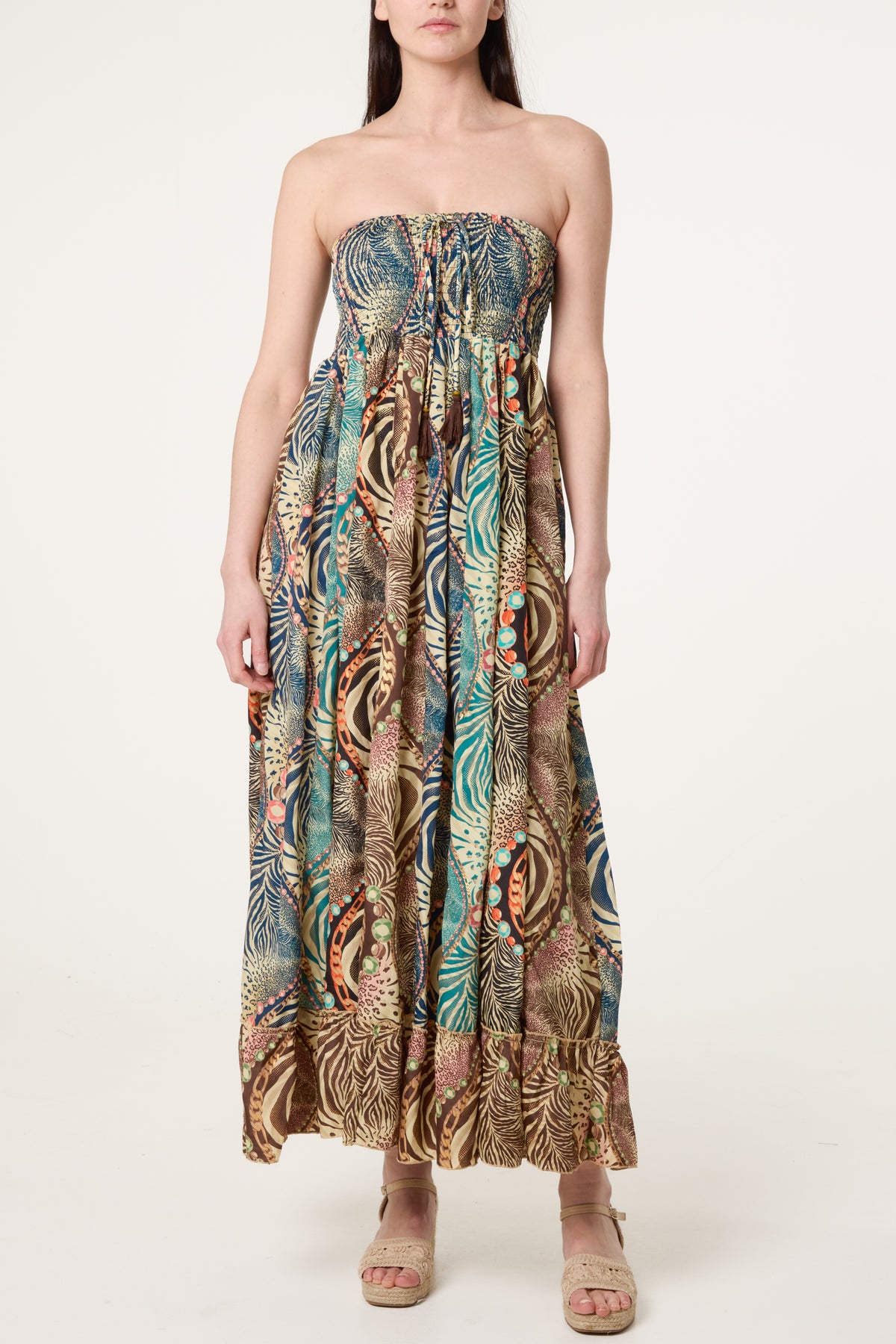 Bandeau Animal Inspired Shirred Dress