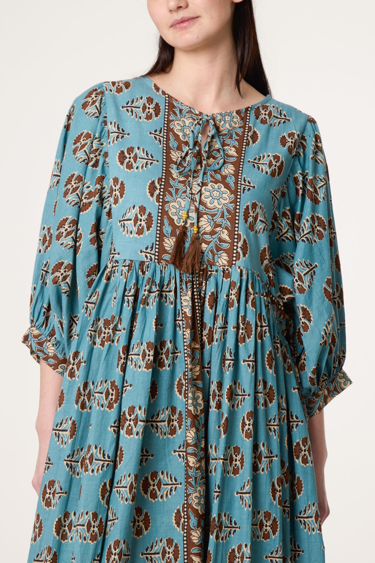 Puff Sleeve V-Neck Patterned Dress