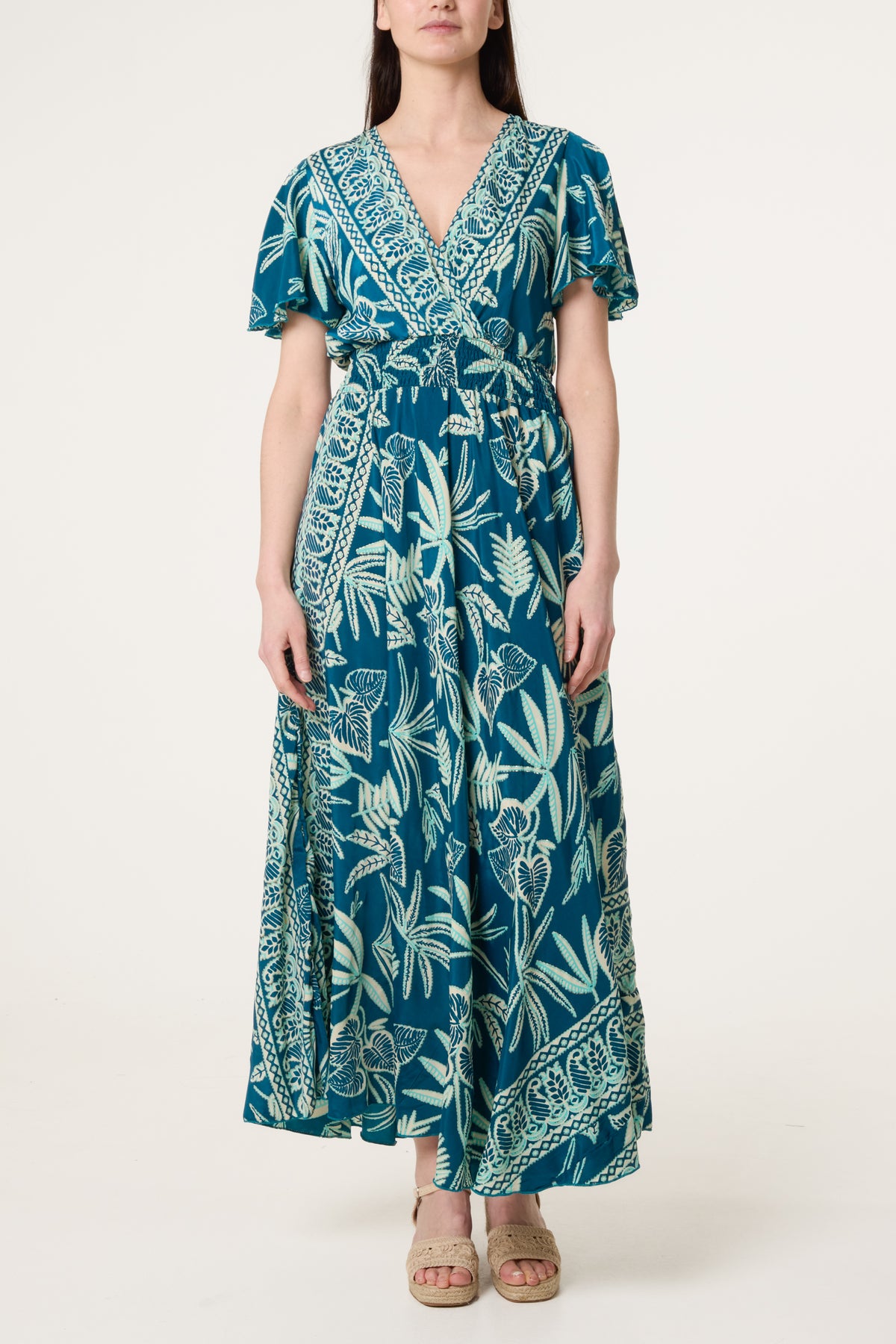 Border Print V-Neck Dress