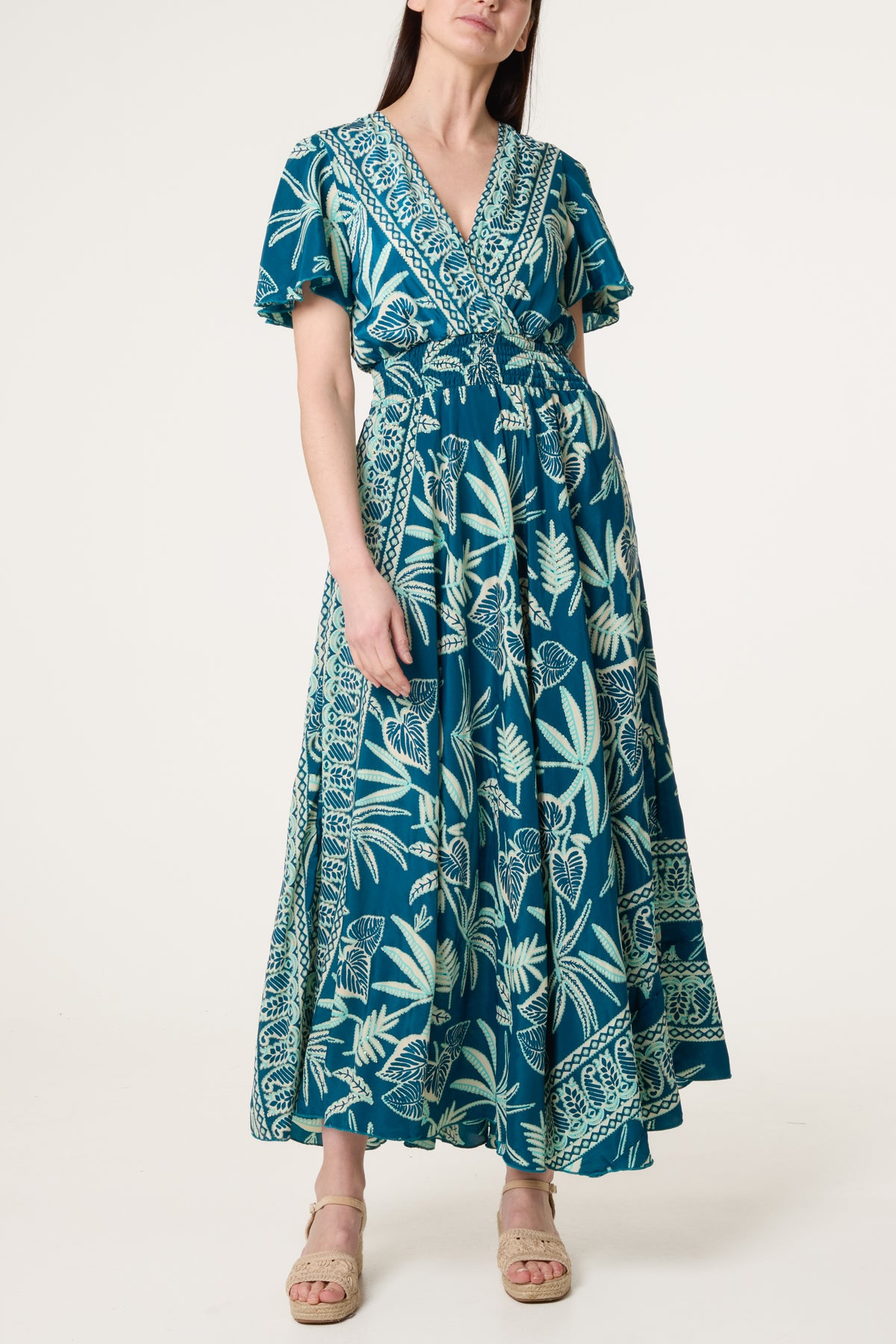 Border Print V-Neck Dress