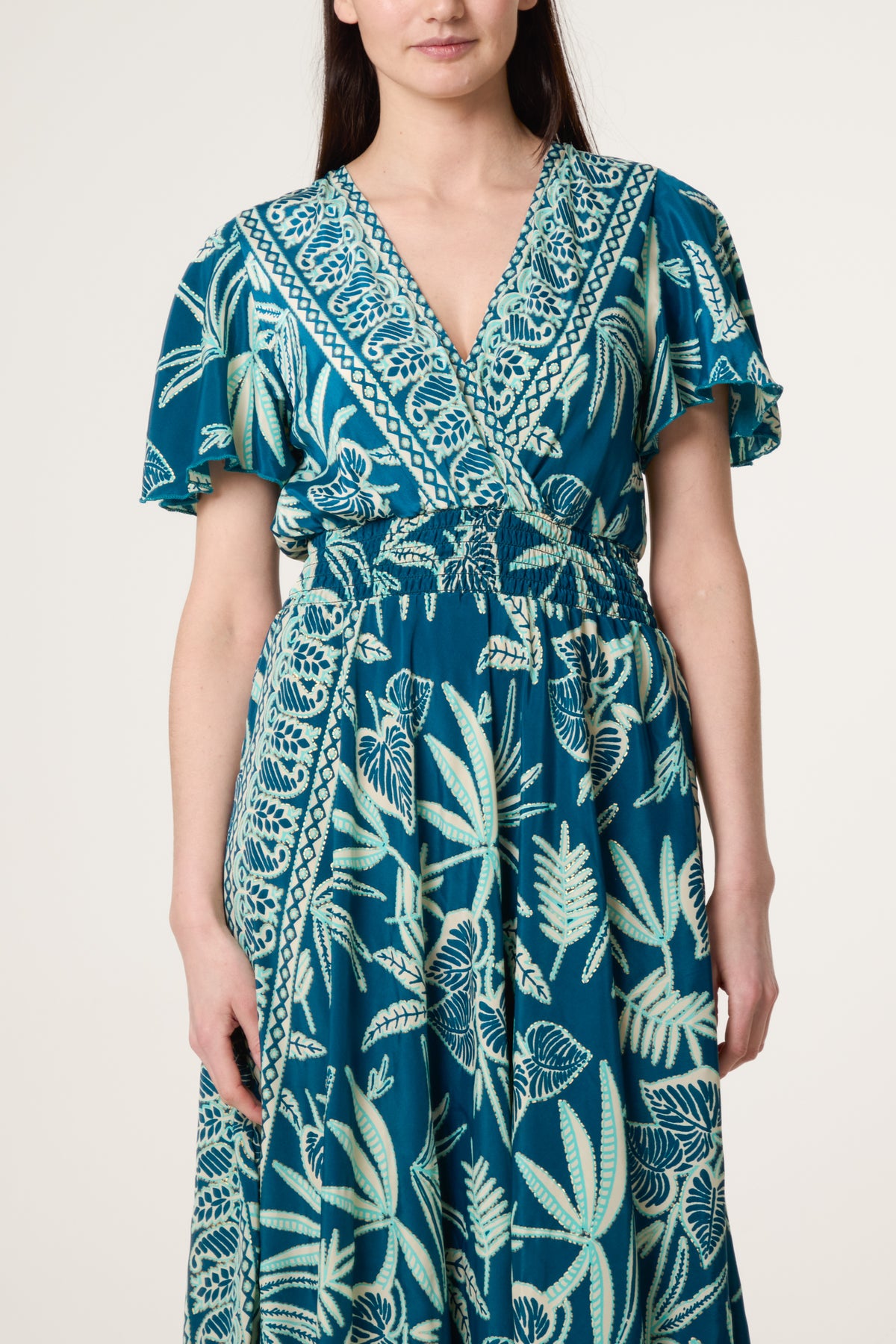 Border Print V-Neck Dress