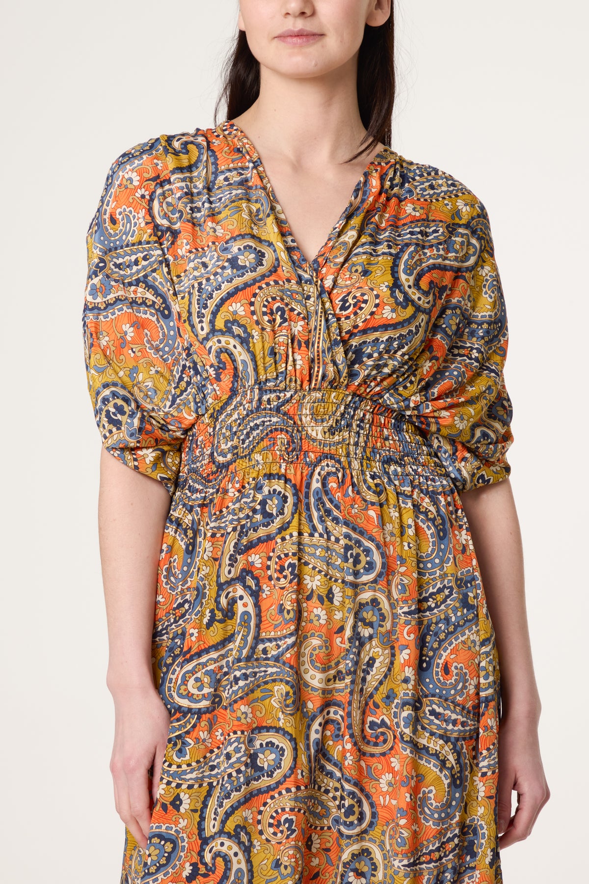 Shirred Sleeve Britght Paisley Dress