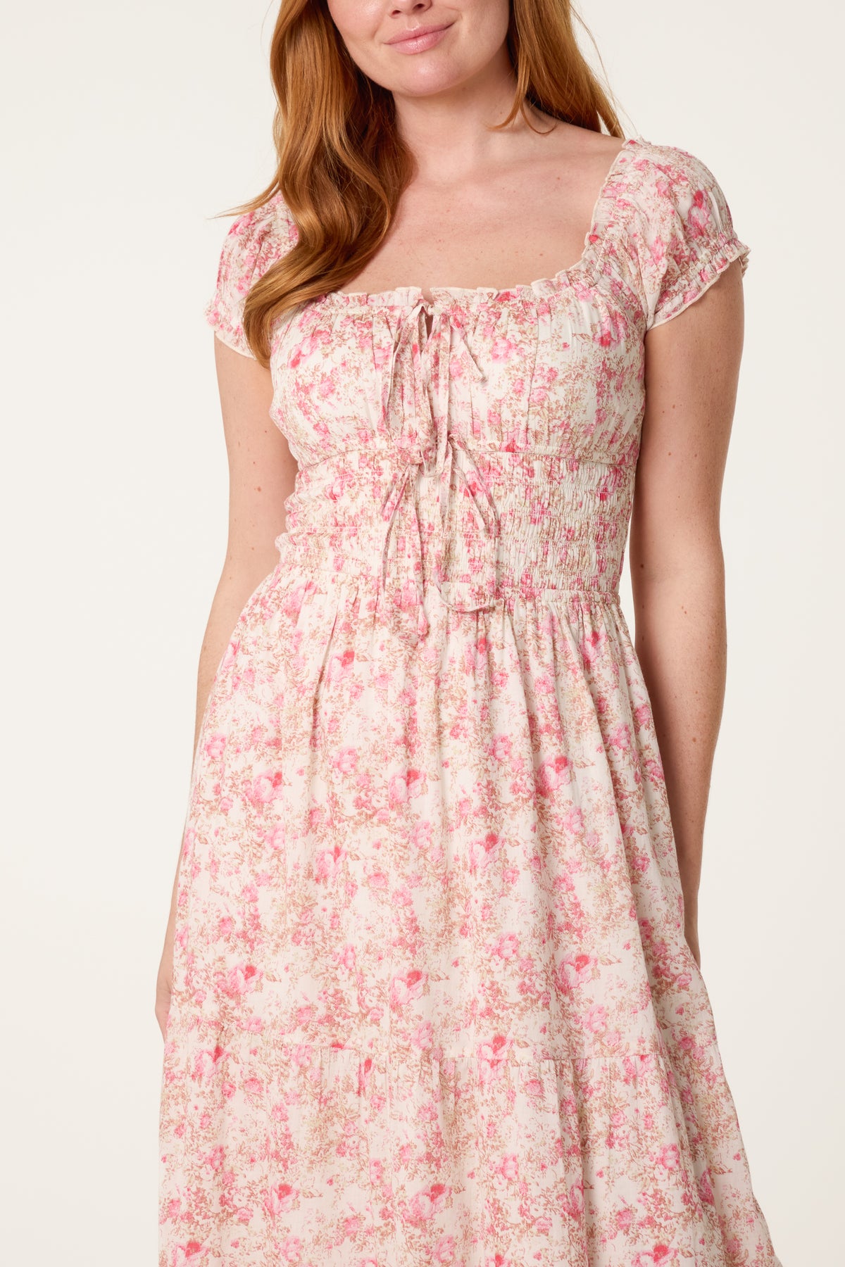 Double Front Tie Shirred Floral Dress