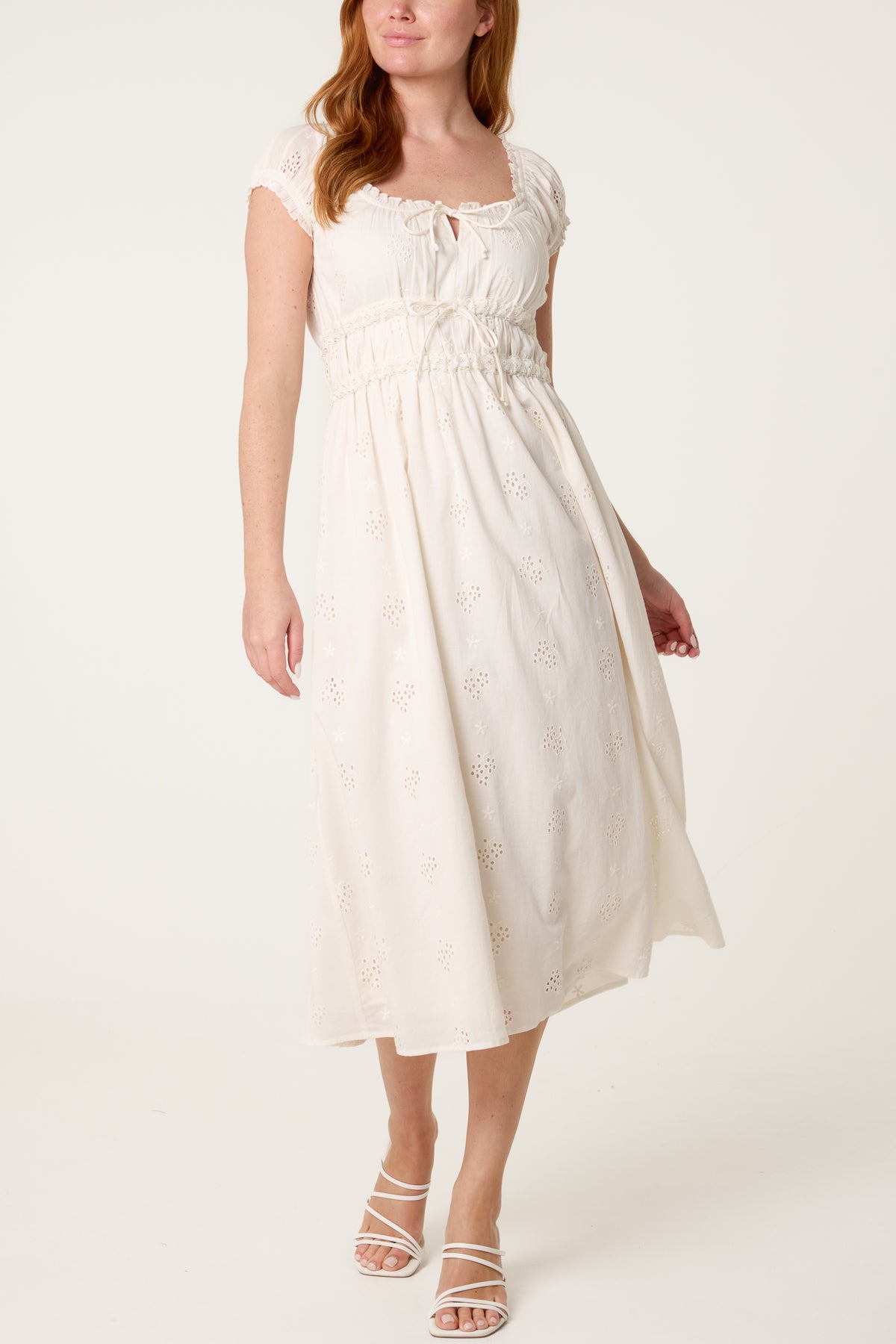 Broderie Front Tie Midi Dress