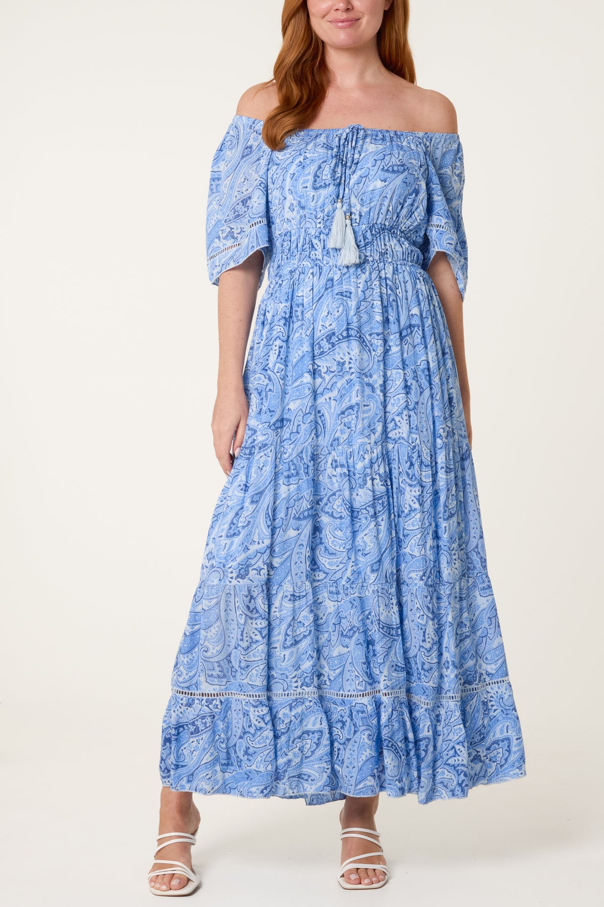 Ladder Trim Lined Viscose Bardot Dress