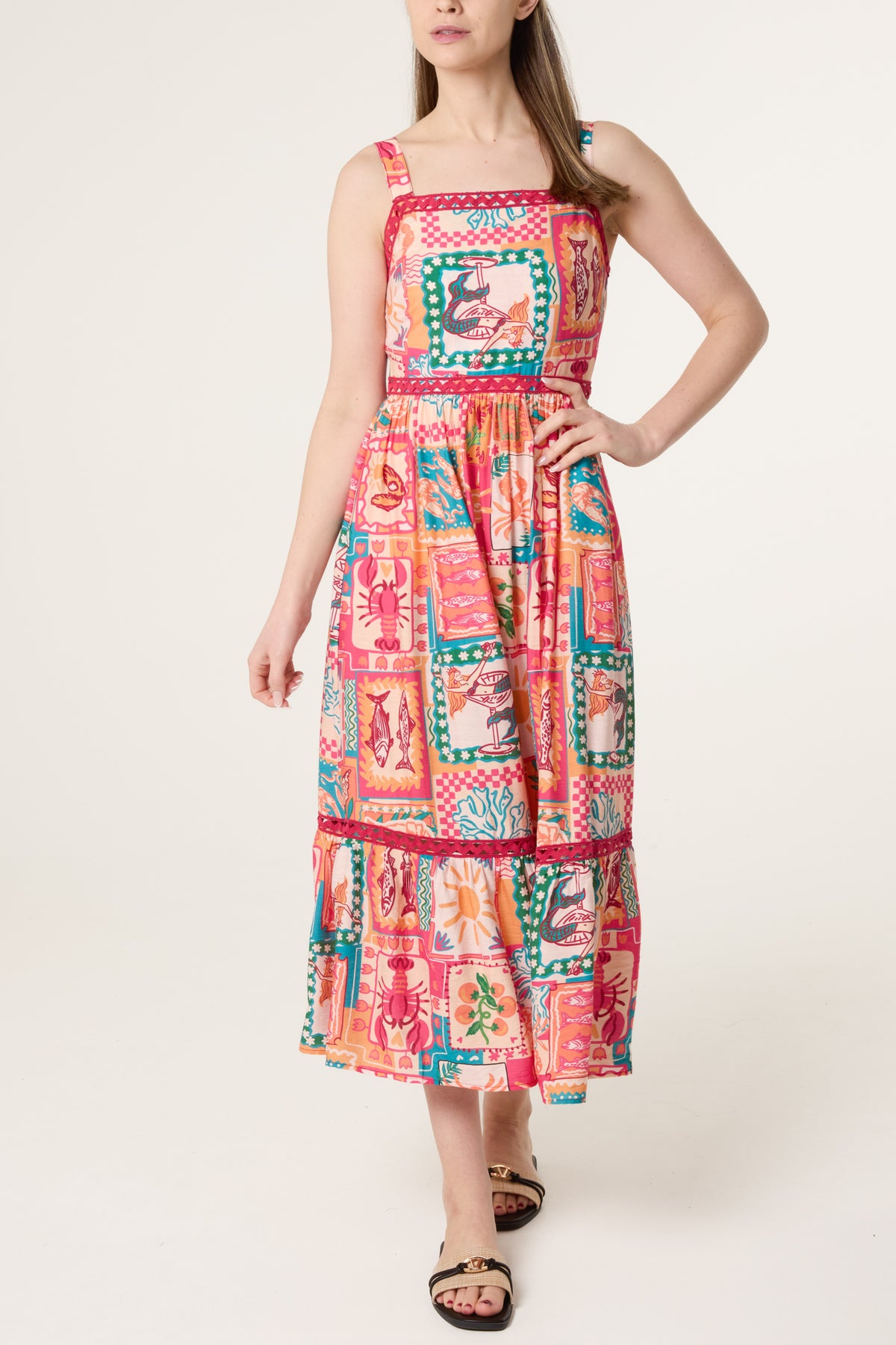 Colourful Patchwork Tiered Midi Dress