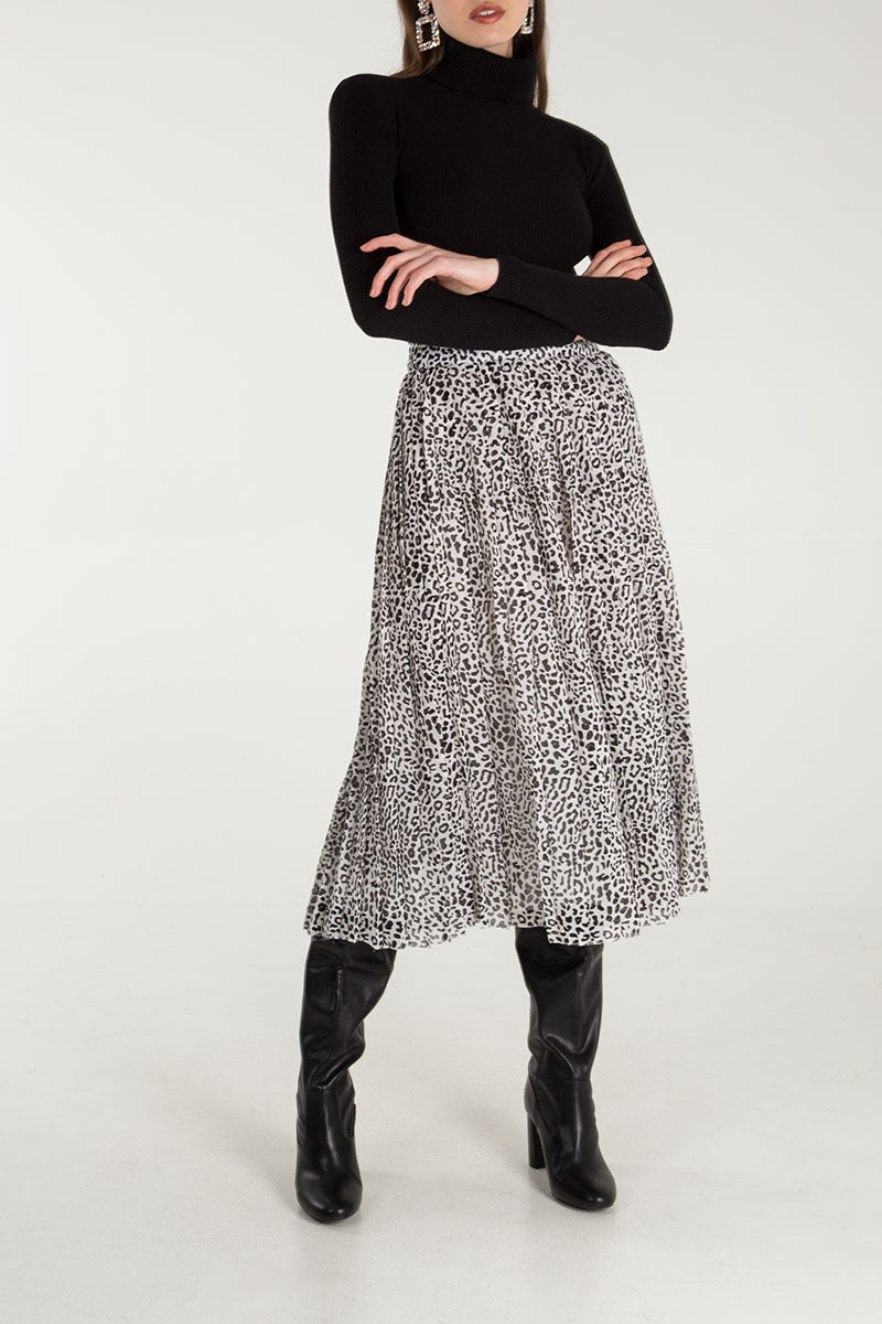 Animal Print Pleated Midi Skirt
