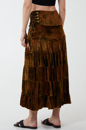 Velvet-Feel Tiered Bohemian Midi Skirt