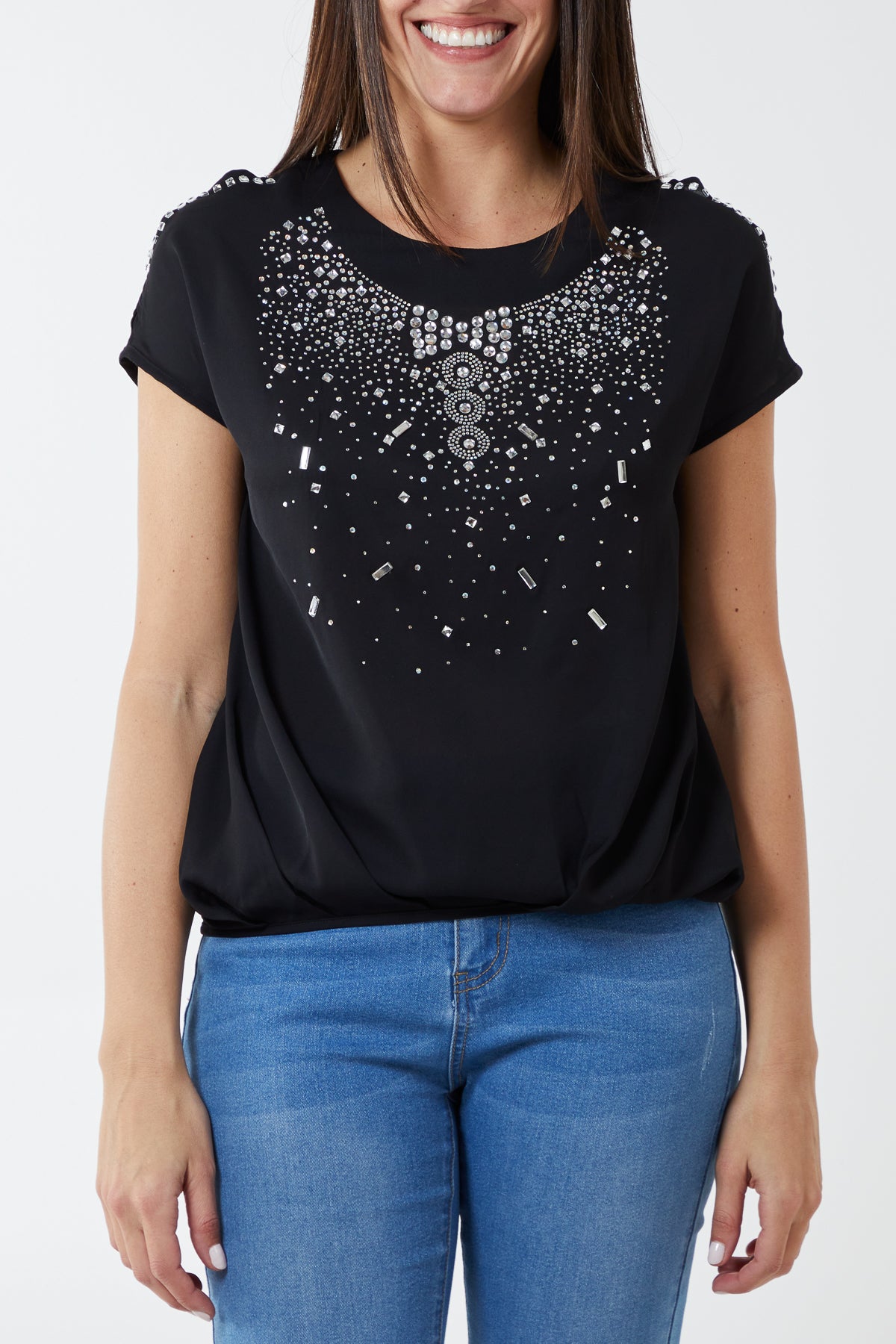 Embellished Chiffon Keyhole Sleeve Top