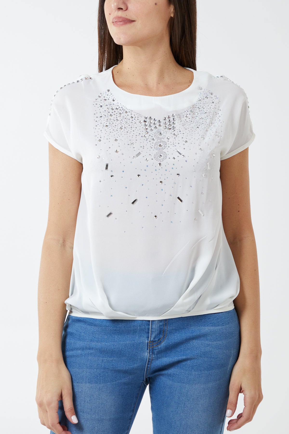 Embellished Chiffon Keyhole Sleeve Top