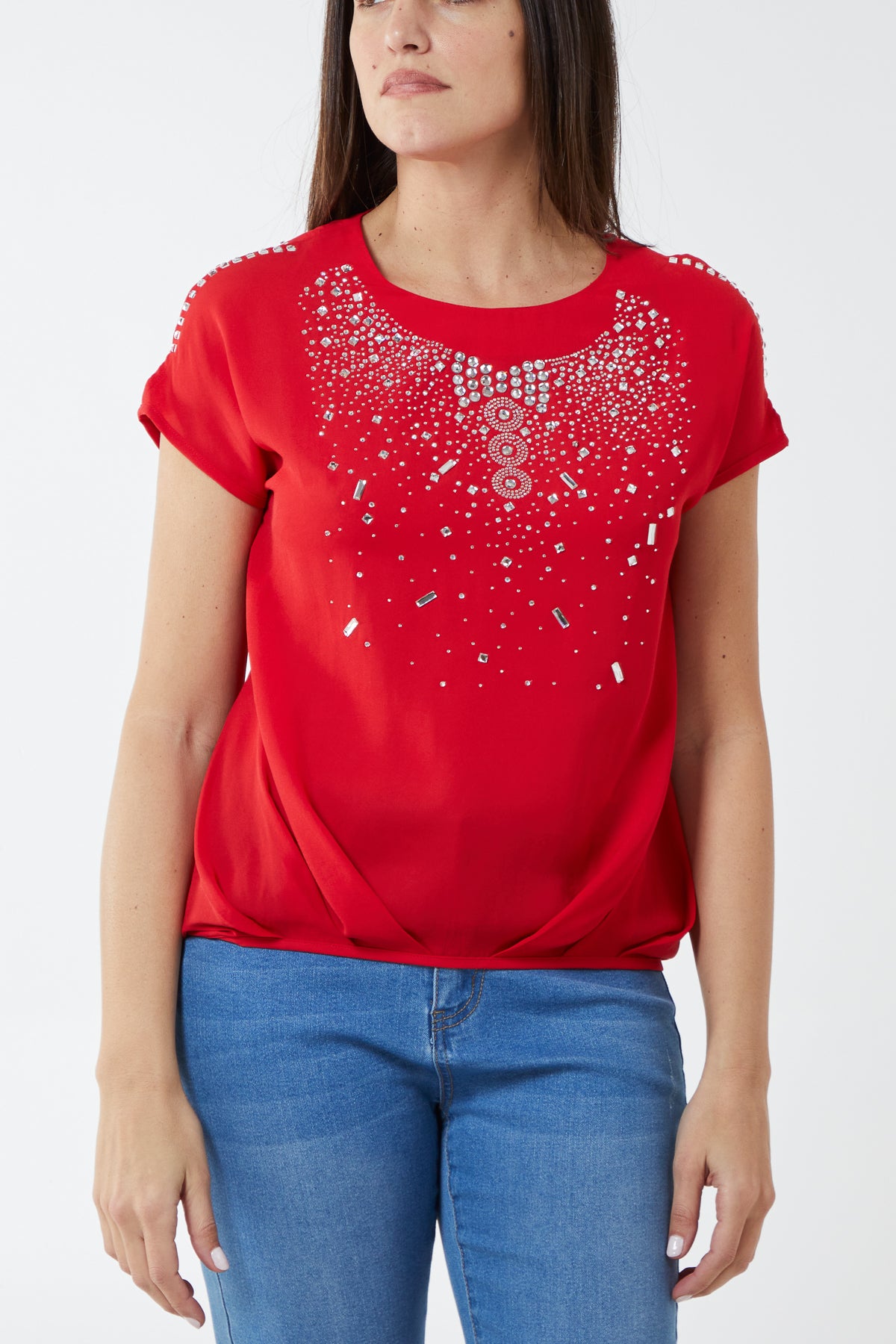 Embellished Chiffon Keyhole Sleeve Top