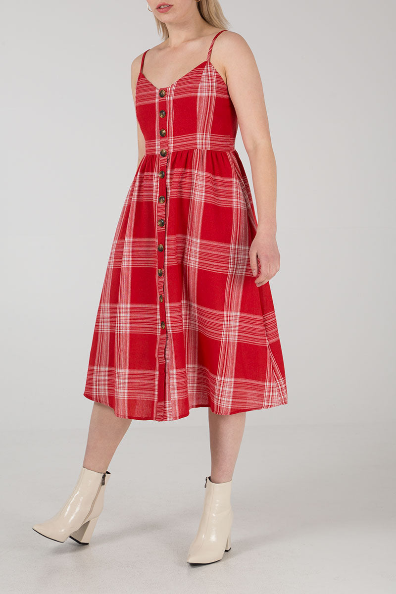 Button Through Tartan Strappy Midi Dress