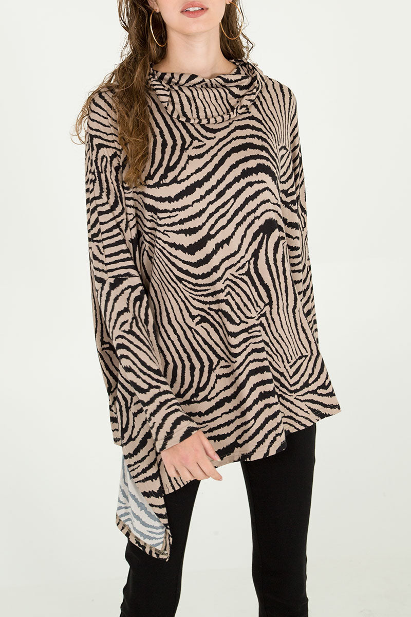 Zebra Oversized Asymmetric Cowl Neck Top