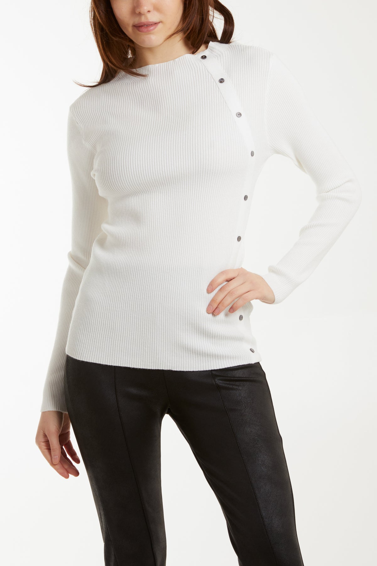 Button Detail Slash Neck Rib Top