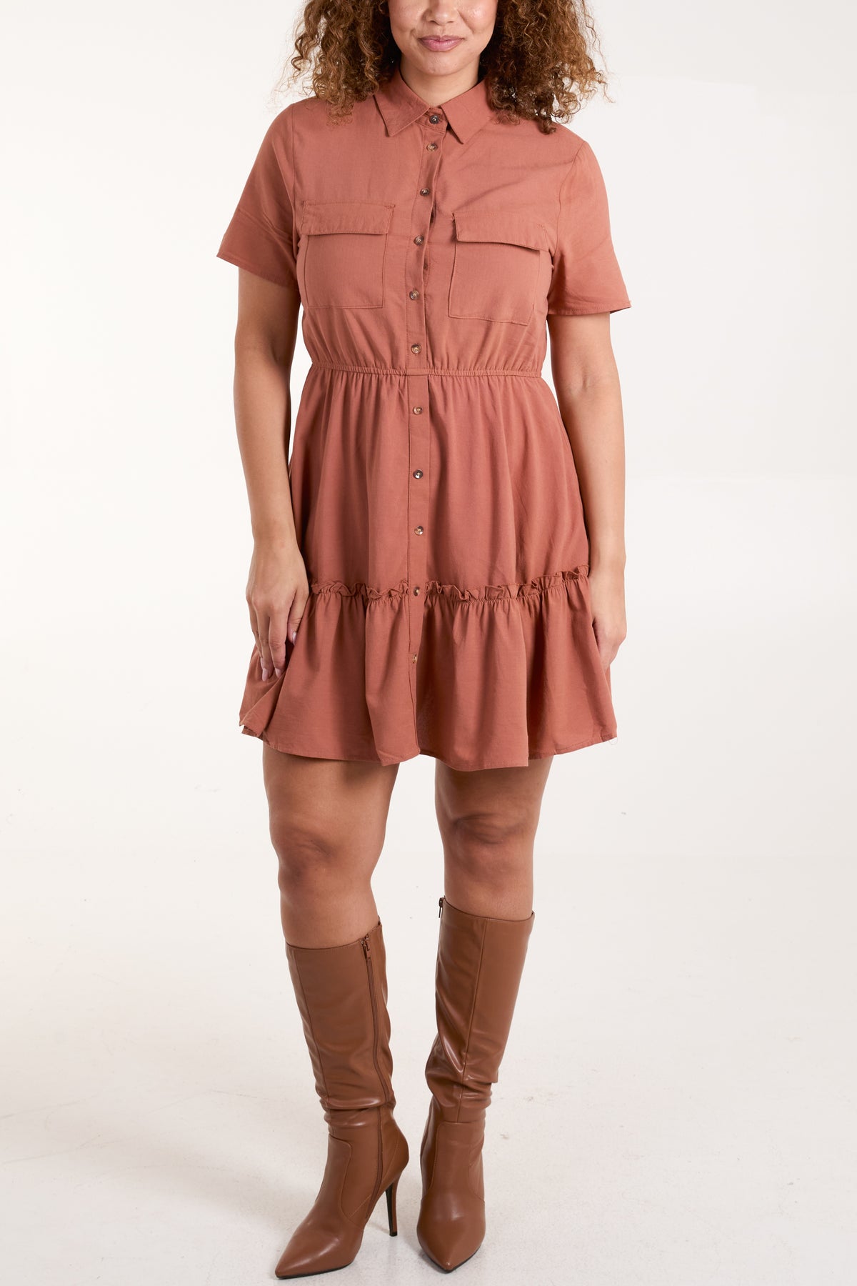 Tiered Hem Patch Pocket Shirt Dress