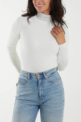 High Diamante Neck Rib Jumper