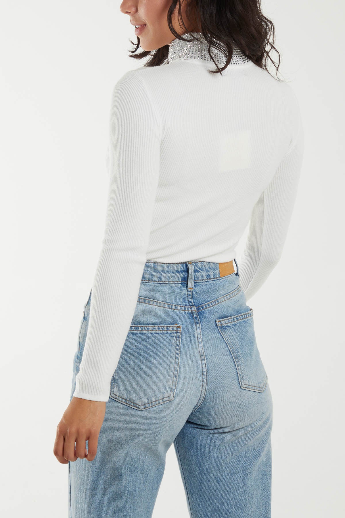 High Diamante Neck Rib Jumper